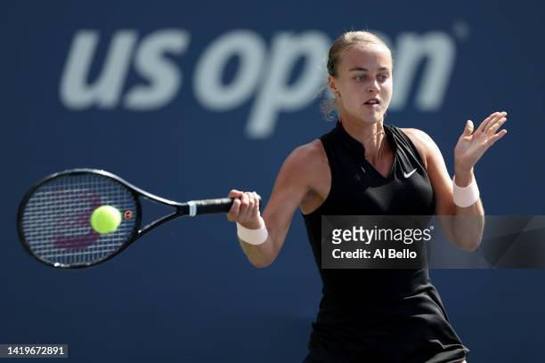 Anna Karolina Schmiedlova of Slovakia plays a forehand against Shuai Zhang of China in their Women's Singles Second Round match on Day Three of the...