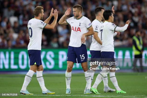 Harry Kane of Tottenham Hotspur celebrates with Eric Dier after their side takes the lead after Thilo Kehrer of West Ham United concedes an own goal...