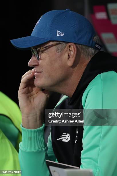 Tom Moody coach of Oval Invincibles Men looks on during The Hundred match between Manchester Originals Men and Oval Invincibles Men at Emirates Old...