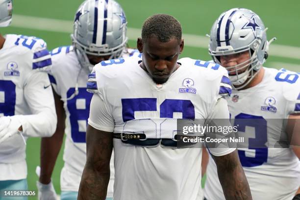 Aldon Smith of the Dallas Cowboys walks off of the field during an NFL game against the Pittsburgh Steelers, Sunday, Nov. 08 in Arlington, Texas.