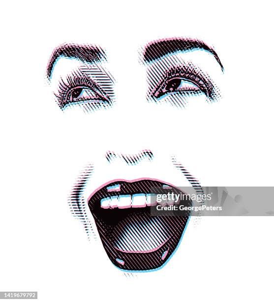 high key engraving of woman's eyes and lips, with happy expression - white teeth stock illustrations