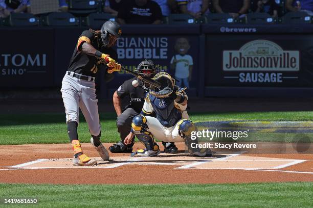 Oneil Cruz of the Pittsburgh Pirates swings at a pitch during the first inning against the Milwaukee Brewers at American Family Field on August 31,...