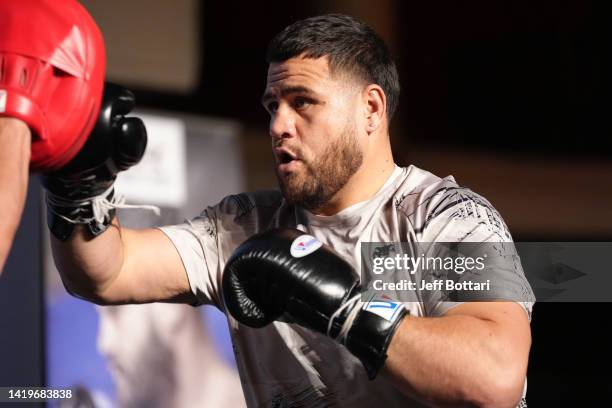 Tai Tuivasa of Australia holds an open training session for fans and media during during the UFC fight night open workout event at La Salle Wagram on...