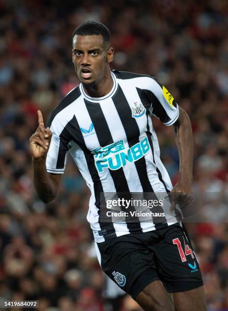 Alexander Isak of Newcastle United celebrates scoring the first goal during the Premier League match between Liverpool FC and Newcastle United at...