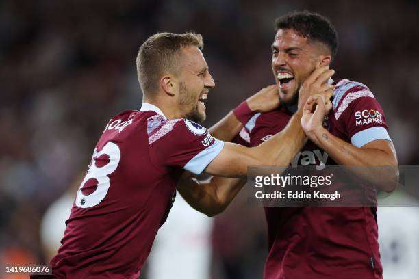 Tomas Soucek of West Ham United celebrates scoring their side's first goal during the Premier League match between West Ham United and Tottenham...