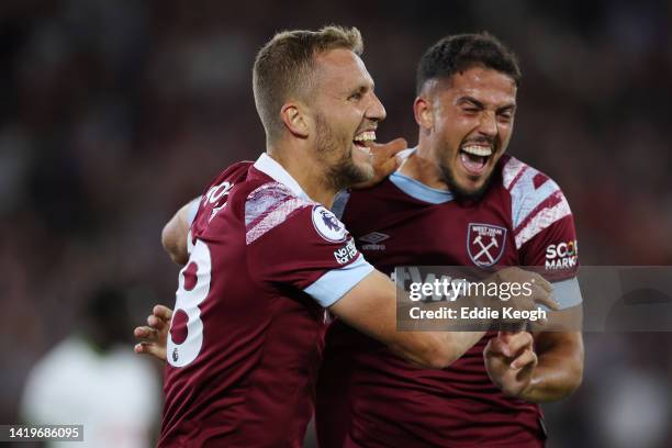 Tomas Soucek of West Ham United celebrates scoring their side's first goal during the Premier League match between West Ham United and Tottenham...