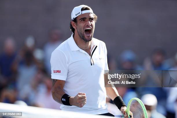 Matteo Berrettini of Italy celebrates after defeating Hugo Grenier of France in their Men's Singles Second Round match on Day Three of the 2022 US...