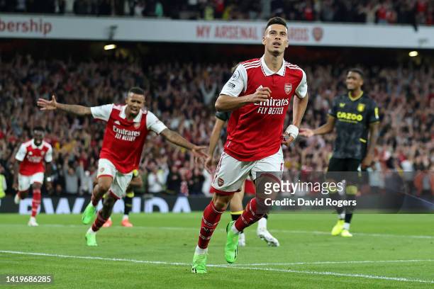 Gabriel Martinelli of Arsenal celebrates scoring their side's second goal during the Premier League match between Arsenal FC and Aston Villa at...