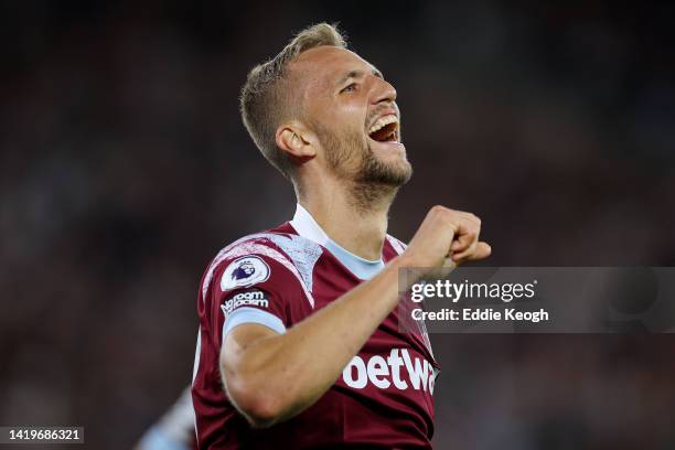 Tomas Soucek of West Ham United celebrates scoring their side's first goal during the Premier League match between West Ham United and Tottenham...