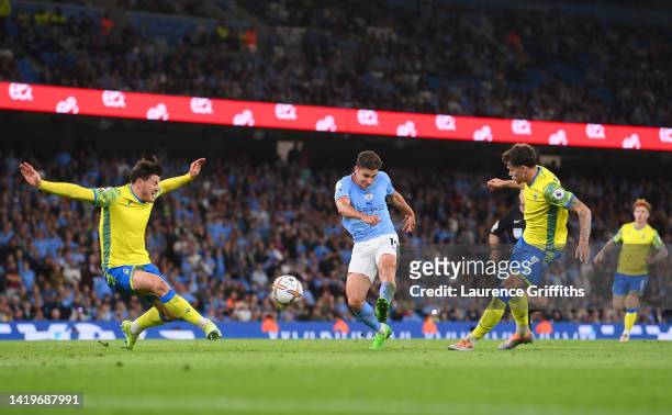 Julian Alvarez of Manchester City scores their team's sixth goal during the Premier League match between Manchester City and Nottingham Forest at...