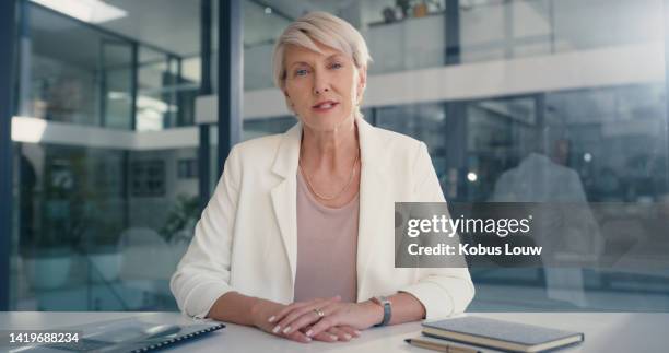 business woman talking on video call, presentation in virtual meeting and planning on online seminar in an office at work. portrait of a manager, worker and corporate employee on webinar on the web - virtual presentation stock pictures, royalty-free photos & images