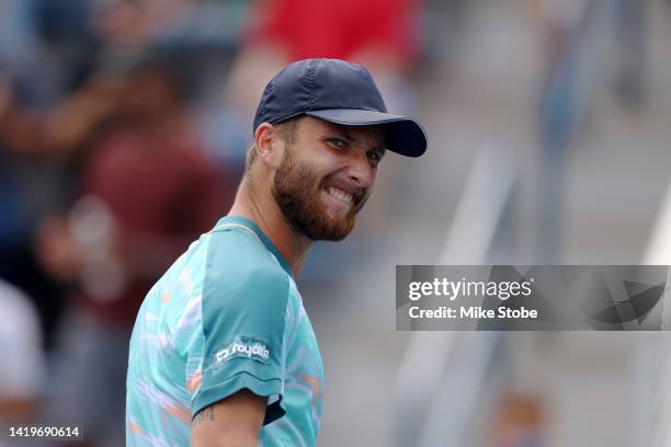 Corentin Moutet of France reacts after defeating Botic van De Zandschulp of Netherlands in their Men's Singles Second Round match on Day Three of the...