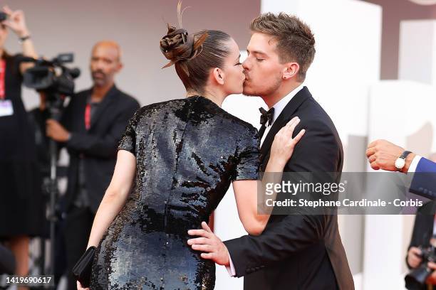 Barbara Palvin and Dylan Sprouse attend the "White Noise" and opening ceremony red carpet at the 79th Venice International Film Festival on August...