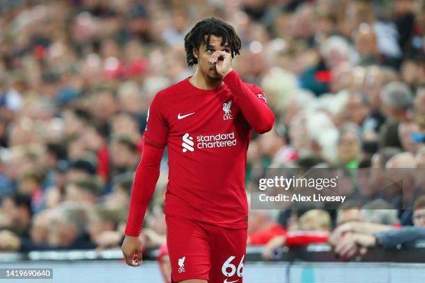 Trent Alexander-Arnold of Liverpool reacts after being substituted during the Premier League match between Liverpool FC and Newcastle United at...