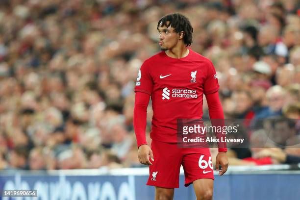 Trent Alexander-Arnold of Liverpool reacts after being substituted during the Premier League match between Liverpool FC and Newcastle United at...