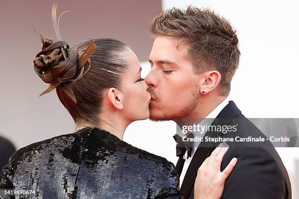 Barbara Palvin and Dylan Sprouse attend the "White Noise" and opening ceremony red carpet at the 79th Venice International Film Festival on August...