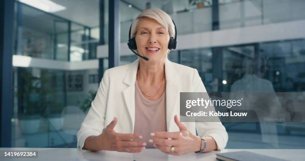 ceo, businesswoman and boss in virtual conference seminar, business meeting or call with employees team working remote. elderly leader, manager or worker distance coach talking and online consulting. - virtual presentation stock pictures, royalty-free photos & images