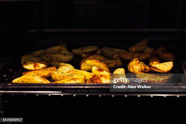 seasoned potato wedges on baking tray in oven - frite four photos et images de collection