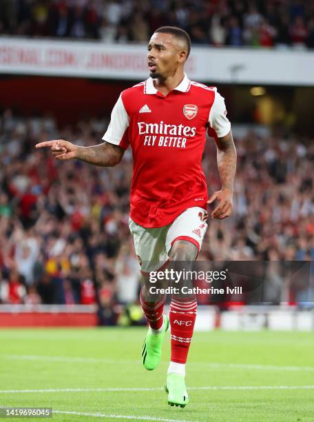 Gabriel Jesus of Arsenal celebrates scoring their side's first goal during the Premier League match between Arsenal FC and Aston Villa at Emirates...