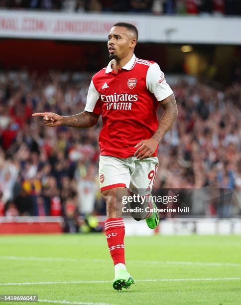 Gabriel Jesus of Arsenal celebrates scoring their side's first goal during the Premier League match between Arsenal FC and Aston Villa at Emirates...