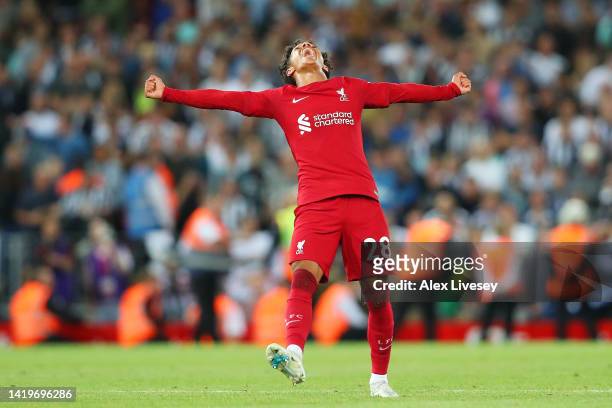 Fabio Carvalho of Liverpool celebrates their side's win after the final whistle ofthe Premier League match between Liverpool FC and Newcastle United...