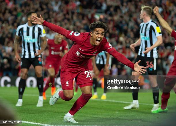 Fabio Carvalho of Liverpool celebrates scoring the winning goal during the Premier League match between Liverpool FC and Newcastle United at Anfield...