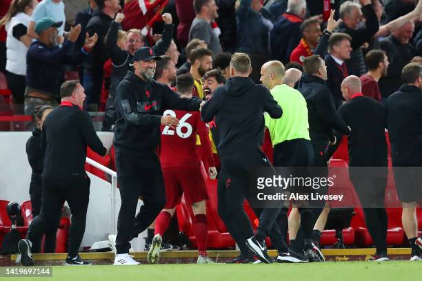 Juergen Klopp, Manager of Liverpool celebrates after Fabio Carvalho of Liverpool scores their side's second goal during the Premier League match...