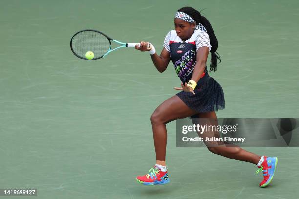 Coco Gauff of the United States plays a forehand against Elena Gabriela Ruse of Romania in their Women's Singles Second Round match on Day Three of...