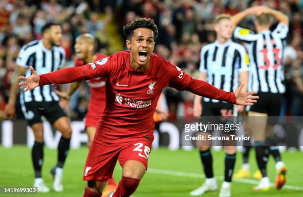 Fabio Carvalho of Liverpool FC scores the winning goal in the final minute during the Premier League match between Liverpool FC and Newcastle United...