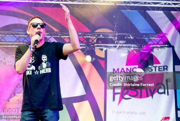 Antony Cotton gives a speech during Manchester Pride 2022 on August 27, 2022 in Manchester, England.