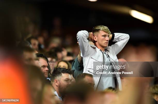 Dejected Newcastle fan at the end of the Premier League match between Liverpool FC and Newcastle United at Anfield on August 31, 2022 in Liverpool,...