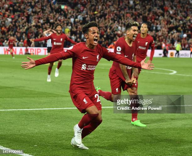 Fabio Carvalho of Liverpool celebrates after scoring the second goal during the Premier League match between Liverpool FC and Newcastle United at...