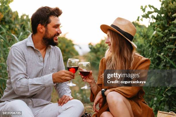 couple clinking red wine glass in a vineyard during sunset. - romantic picnic stockfoto's en -beelden