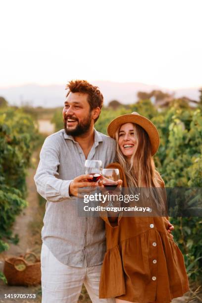 couple clinking red wine glass in a vineyard during sunset. - prova de vinho imagens e fotografias de stock