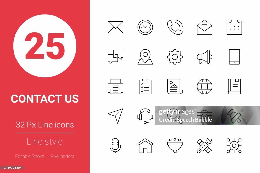 Kontaktieren Sie uns Thin Line Icons. Bearbeitbarer Strich. Pixelgenau. Für Mobile und Web.