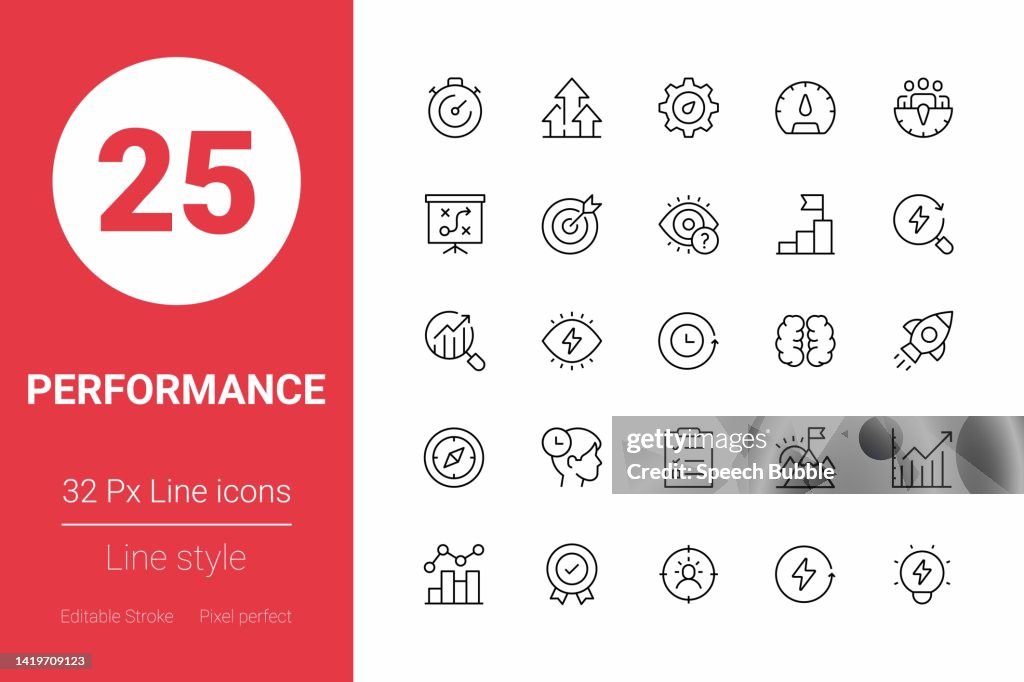 Icone a linee sottili delle prestazioni. Tratto modificabile. Pixel perfetto. Per Mobile e Web.