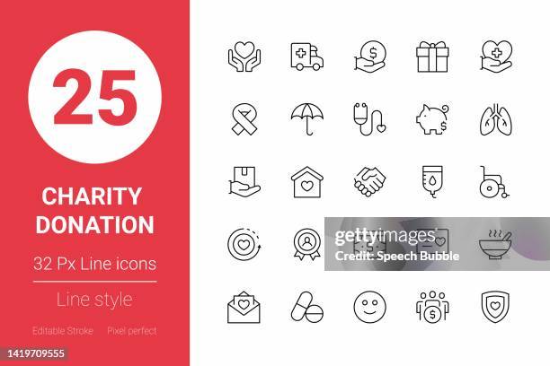 charity and donation thin line icons. editable stroke. pixel perfect. for mobile and web. - humanitarian aid stock illustrations