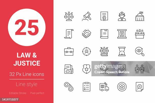 law and justice thin line icons. editable stroke. pixel perfect. for mobile and web. - prosecuting attorney stock illustrations