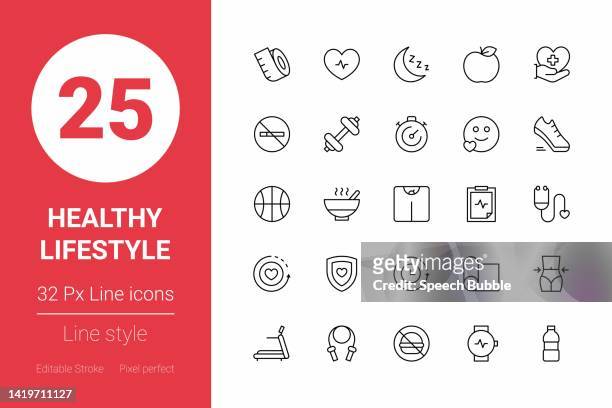 stockillustraties, clipart, cartoons en iconen met healthy lifestyle thin line icons. editable stroke. pixel perfect. for mobile and web. - oefeningen met lichaamsgewicht