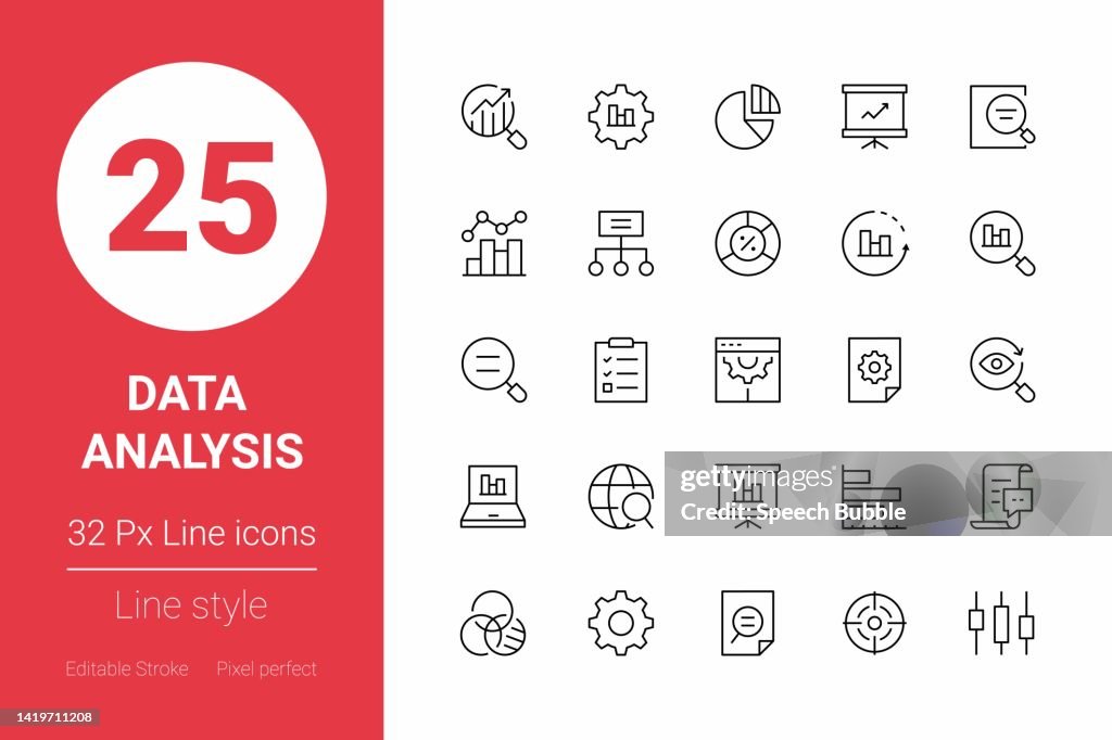 Análise de dados Ícones de linha fina. Golpe editável. Pixel Perfeito. Para Mobile e Web.