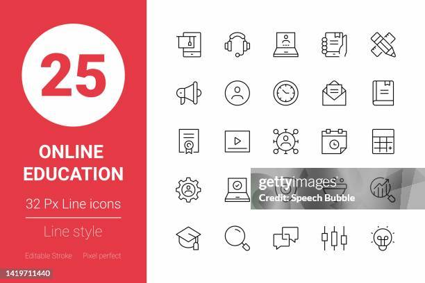 stockillustraties, clipart, cartoons en iconen met online education thin line icons. editable stroke. pixel perfect. for mobile and web. - inexpensive