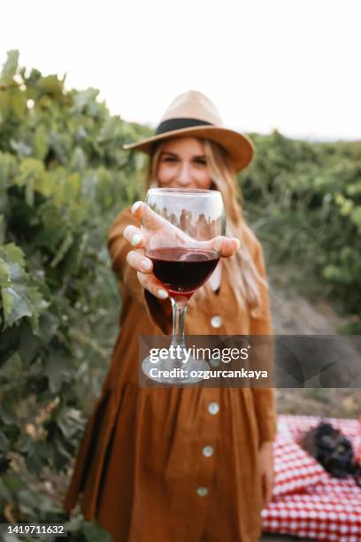 femme heureuse dans le vignoble, boire du vin - gouter photos et images de collection