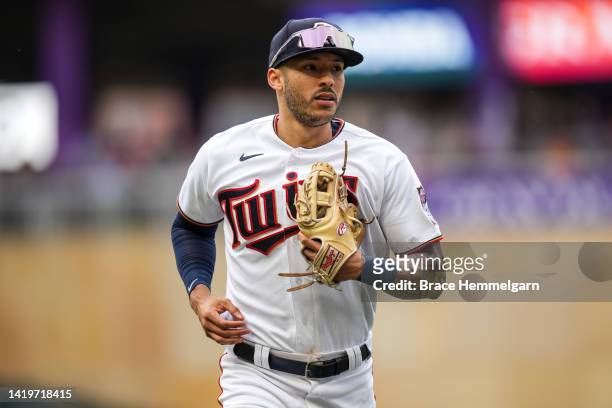 Carlos Correa of the Minnesota Twins looks on against the San Francisco Giants on August 28, 2022 at Target Field in Minneapolis, Minnesota.