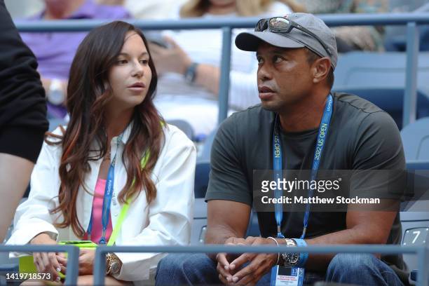 Erica Herman and Tiger Woods look on prior to the Women's Singles Second Round match between Anett Kontaveit of Estonia and Serena Williams of the...