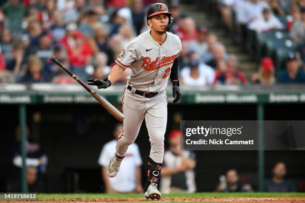 Ramón Urías of the Baltimore Orioles tosses his bat after drawing a bases loaded walk scoring Rougned Odor during the third inning against the...