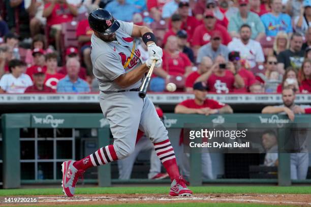 Albert Pujols of the St. Louis Cardinals grounds out in the second inning against the Cincinnati Reds at Great American Ball Park on August 31, 2022...