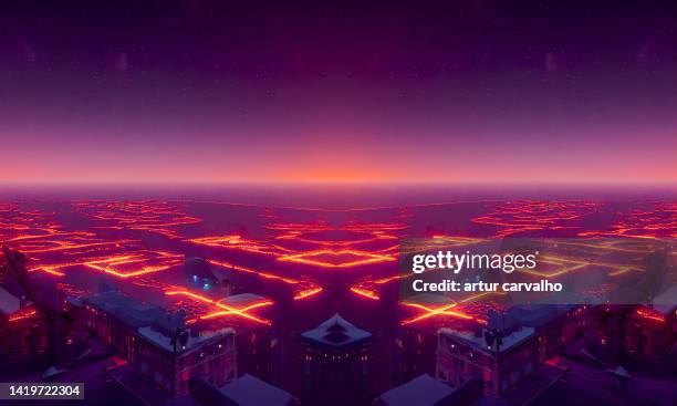abstract cityscape in neon color, computer generated illustration - city lights reflected on buildings speed stock pictures, royalty-free photos & images