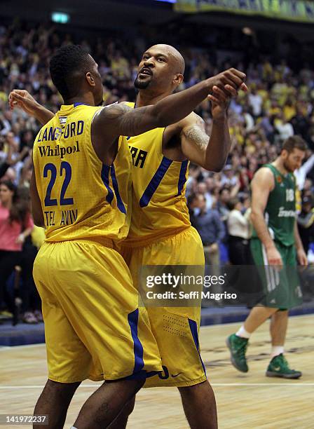 Devin Smith, #6 of Maccabi Electra Tel Aviv celebrates with team-mate Keith Langford, #22 of Maccabi Electra Tel Aviv during the Turkish Airlines...