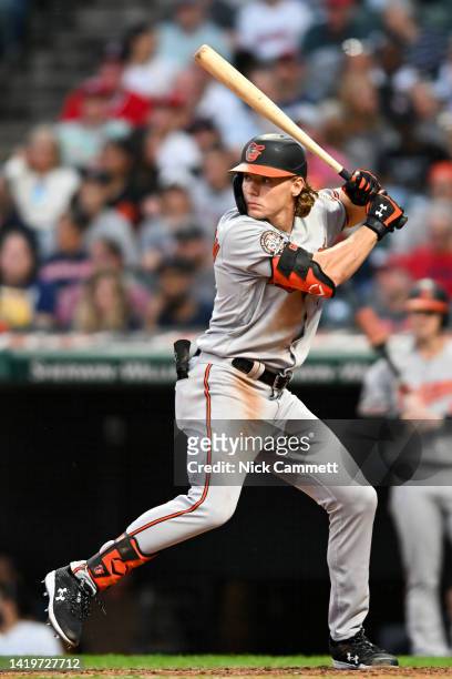 Gunnar Henderson of the Baltimore Orioles bats during the sixth inning against the Cleveland Guardians at Progressive Field on August 31, 2022 in...