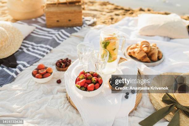 beautiful celebration picnic outdoor with tasty food and lemonde. - picnic stock pictures, royalty-free photos & images